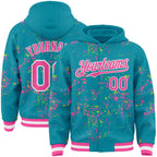 Custom Teal Pink Neon Green-White Fragment 3D Pattern Design Bomber Full-Snap Varsity Letterman Hoodie Jacket