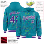 Custom Teal Purple Neon Green-White Fragment 3D Pattern Design Bomber Full-Snap Varsity Letterman Hoodie Jacket