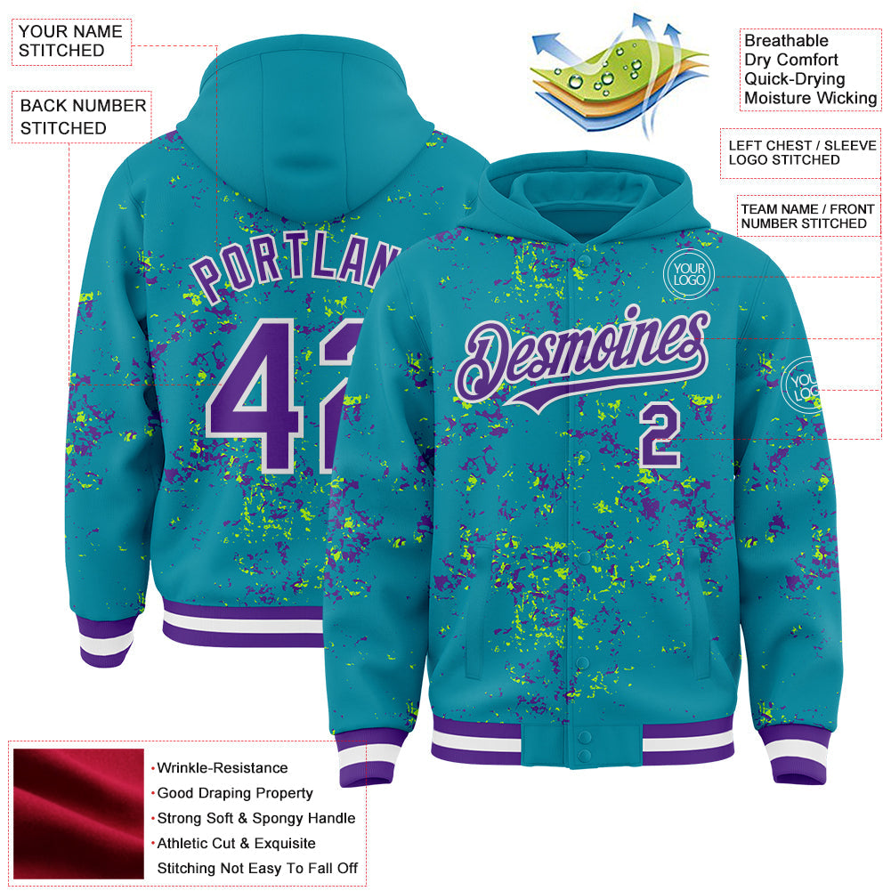 Custom Teal Purple Neon Green-White Fragment 3D Pattern Design Bomber Full-Snap Varsity Letterman Hoodie Jacket