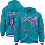 Custom Teal Purple Neon Green-White Fragment 3D Pattern Design Bomber Full-Snap Varsity Letterman Hoodie Jacket