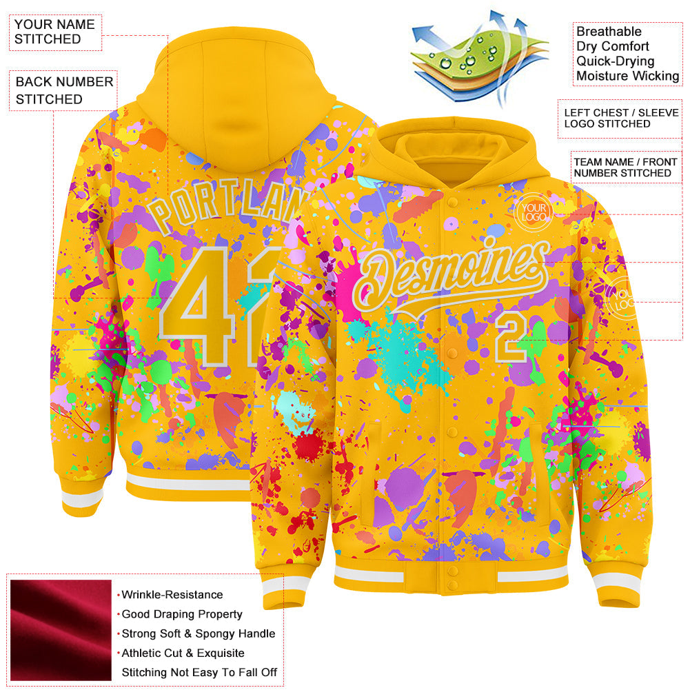 Custom Graffiti Pattern Gold-White Splash Bomber Full-Snap Varsity Letterman Hoodie Jacket