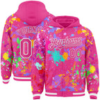 Custom Graffiti Pattern Pink-White Splash Bomber Full-Snap Varsity Letterman Hoodie Jacket