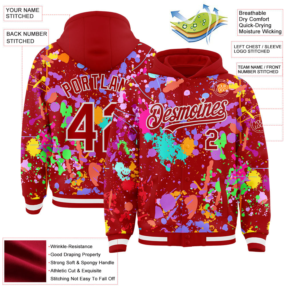 Custom Graffiti Pattern Red-White Splash Bomber Full-Snap Varsity Letterman Hoodie Jacket