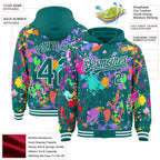 Custom Graffiti Pattern Teal-White Splash Bomber Full-Snap Varsity Letterman Hoodie Jacket