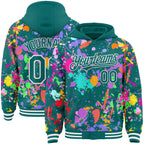Custom Graffiti Pattern Teal-White Splash Bomber Full-Snap Varsity Letterman Hoodie Jacket