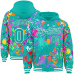 Custom Graffiti Pattern Aqua-White Splash Bomber Full-Snap Varsity Letterman Hoodie Jacket