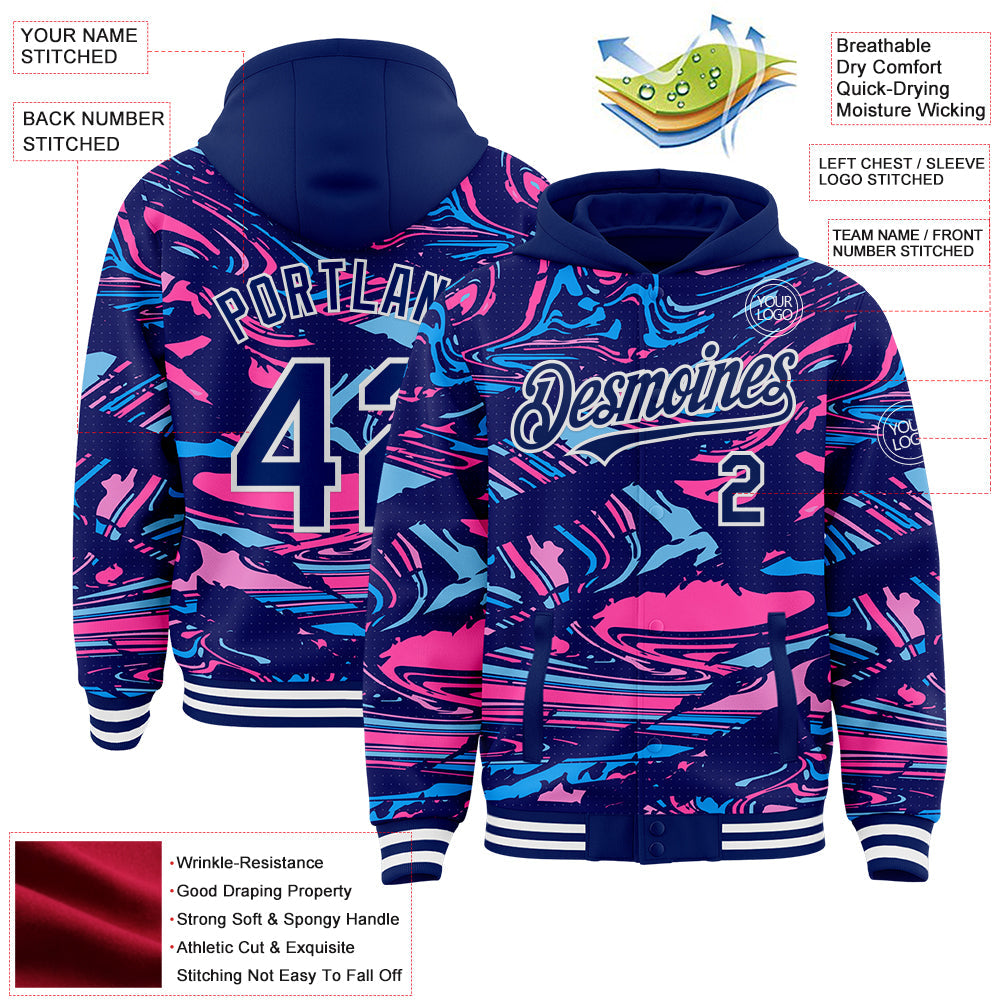 Custom Figure Royal Pink Light Blue-White Fluid Bomber Full-Snap Varsity Letterman Hoodie Jacket