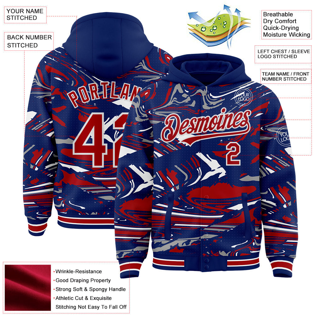 Custom Figure Red Royal-White Fluid Bomber Full-Snap Varsity Letterman Hoodie Jacket