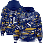 Custom Figure Royal Old Gold-White Fluid Bomber Full-Snap Varsity Letterman Hoodie Jacket
