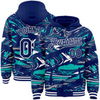 Custom Figure Royal Aqua-White Fluid Bomber Full-Snap Varsity Letterman Hoodie Jacket