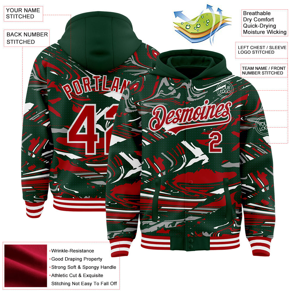 Custom Figure Red Green-White Fluid Bomber Full-Snap Varsity Letterman Hoodie Jacket