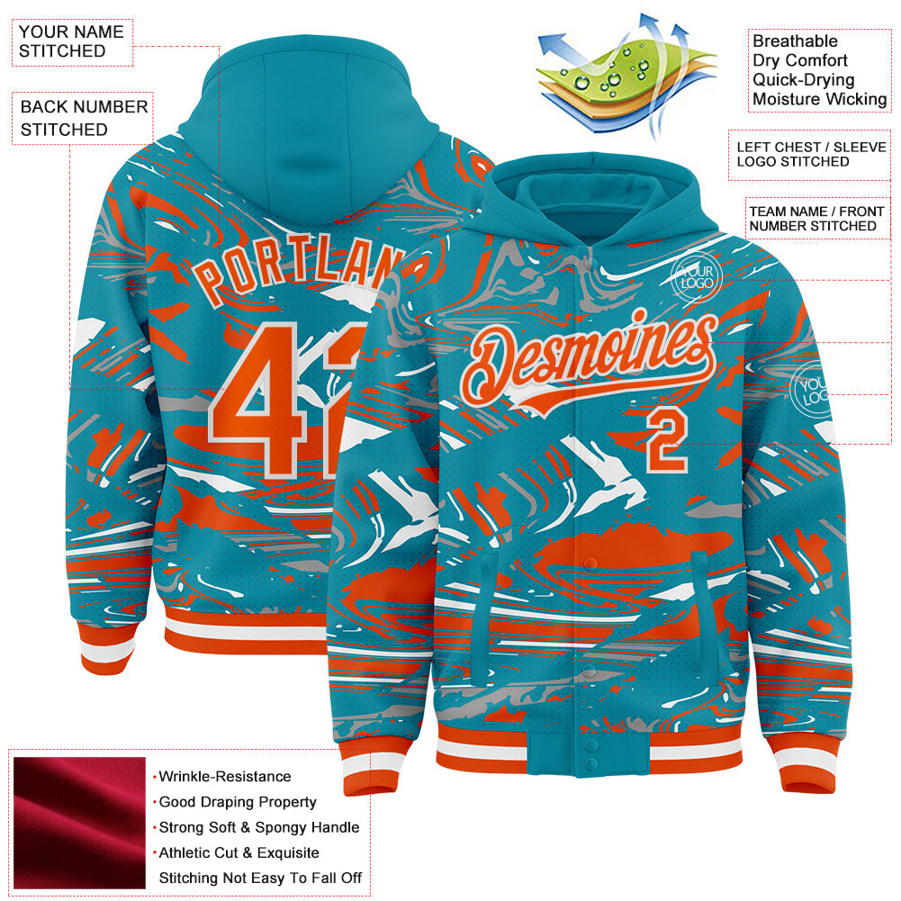 Custom Figure Orange Teal-White Fluid Bomber Full-Snap Varsity Letterman Hoodie Jacket