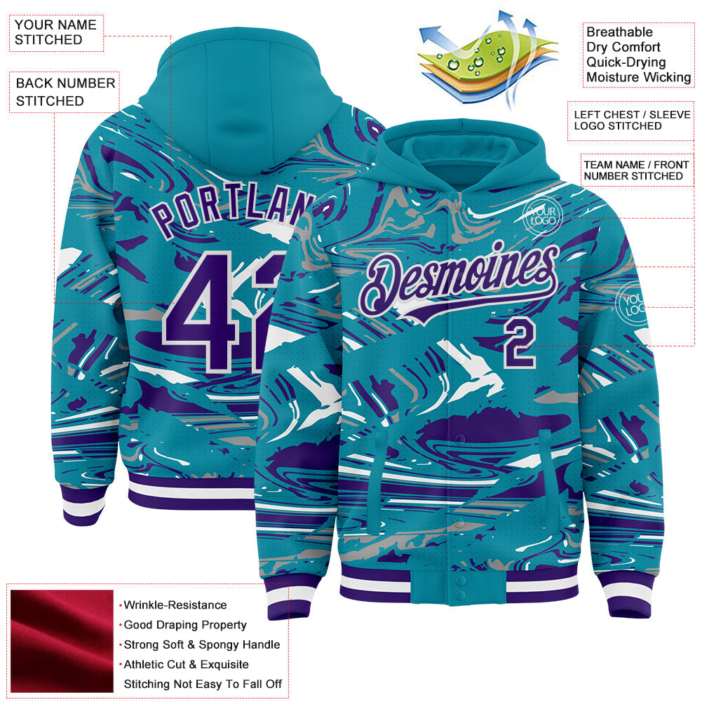 Custom Figure Purple Teal-White Fluid Bomber Full-Snap Varsity Letterman Hoodie Jacket