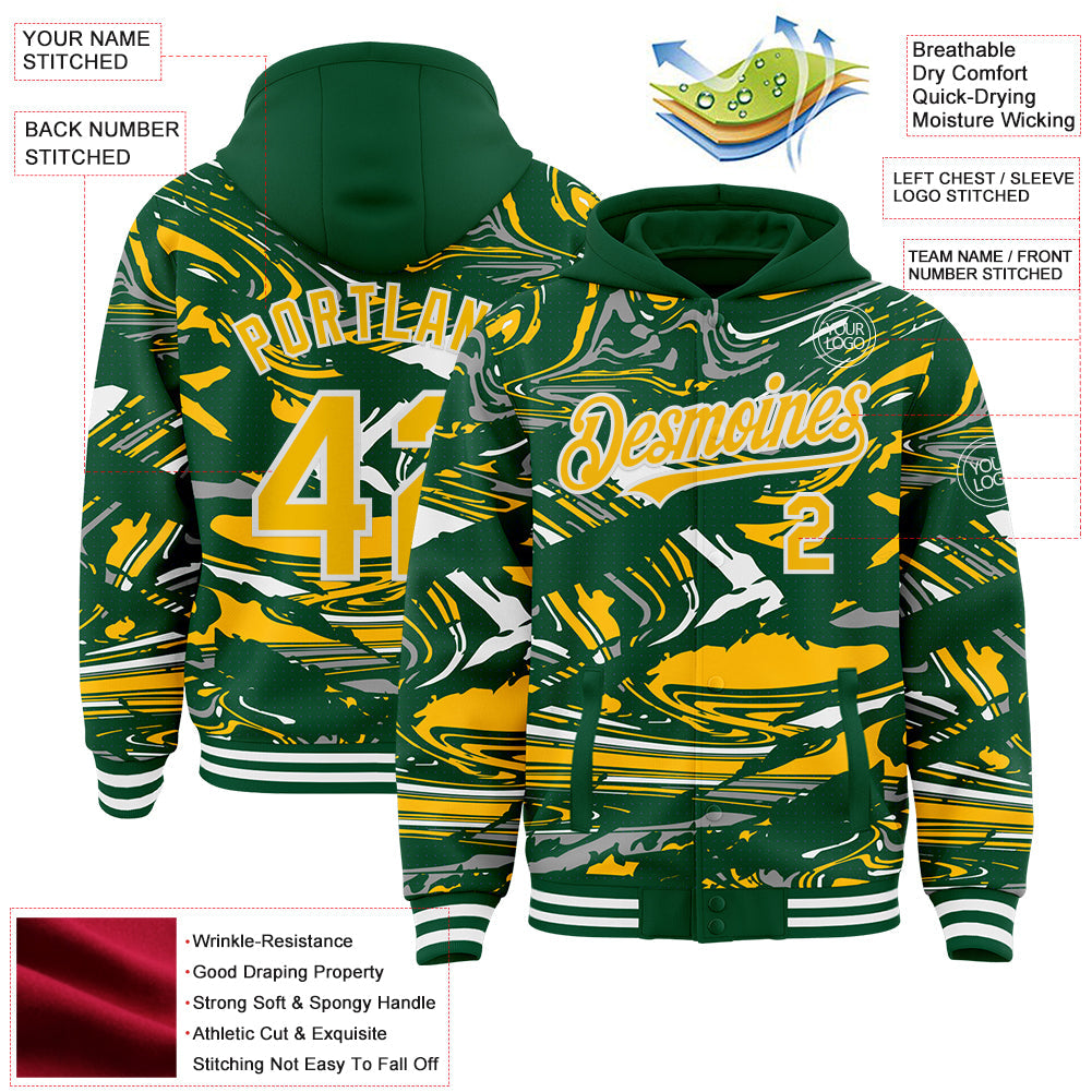 Custom Figure Gold Kelly Green-White Fluid Bomber Full-Snap Varsity Letterman Hoodie Jacket