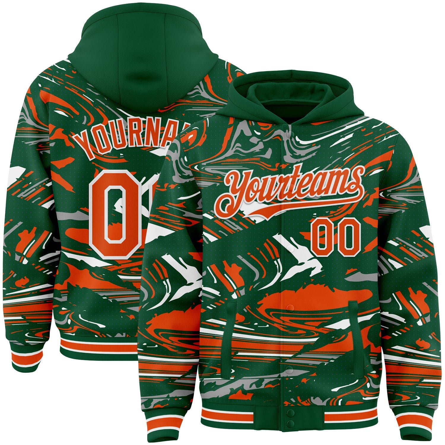 Custom Figure Orange Kelly Green-White Fluid Bomber Full-Snap Varsity Letterman Hoodie Jacket