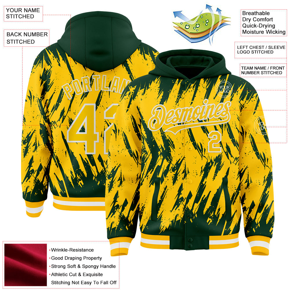 Custom Green Yellow Gold-White Abstract Sharp Shape Fragment 3D Pattern Design Bomber Full-Snap Varsity Letterman Hoodie Jacket