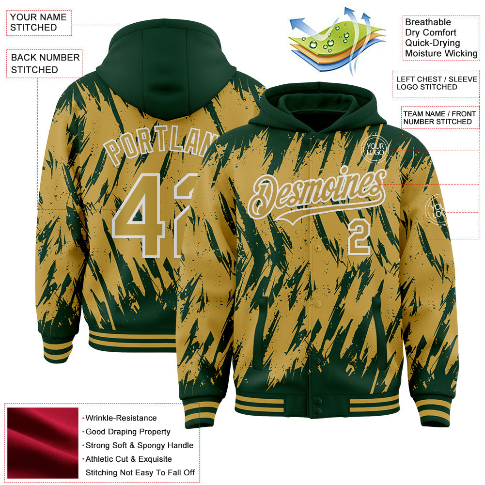 Custom Green Old Gold-White Abstract Sharp Shape Fragment 3D Pattern Design Bomber Full-Snap Varsity Letterman Hoodie Jacket