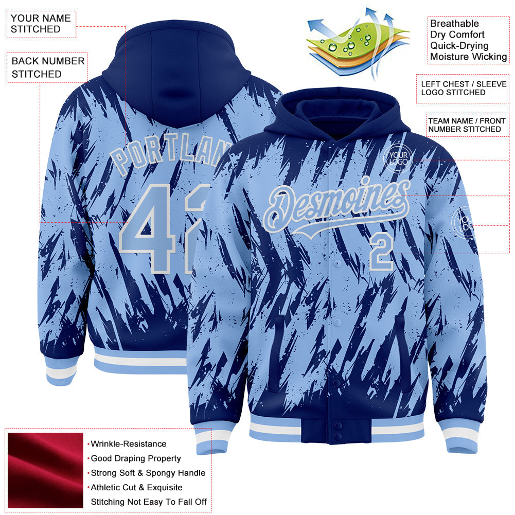 Custom Royal Light Blue-White Abstract Sharp Shape Fragment 3D Pattern Design Bomber Full-Snap Varsity Letterman Hoodie Jacket