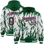 Custom Kelly Green White-Pink Abstract Sharp Shape Fragment 3D Pattern Design Bomber Full-Snap Varsity Letterman Hoodie Jacket