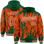 Custom Kelly Green Orange-White Abstract Sharp Shape Fragment 3D Pattern Design Bomber Full-Snap Varsity Letterman Hoodie Jacket