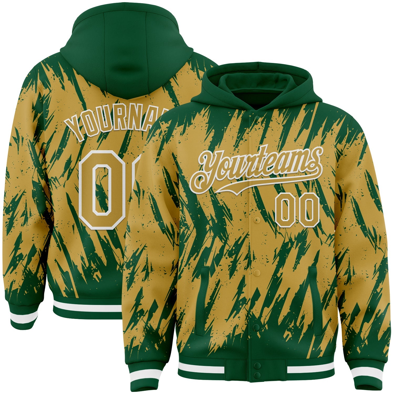 Custom Kelly Green Old Gold-White Abstract Sharp Shape Fragment 3D Pattern Design Bomber Full-Snap Varsity Letterman Hoodie Jacket