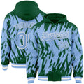 Custom Kelly Green Light Blue-White Abstract Sharp Shape Fragment 3D Pattern Design Bomber Full-Snap Varsity Letterman Hoodie Jacket
