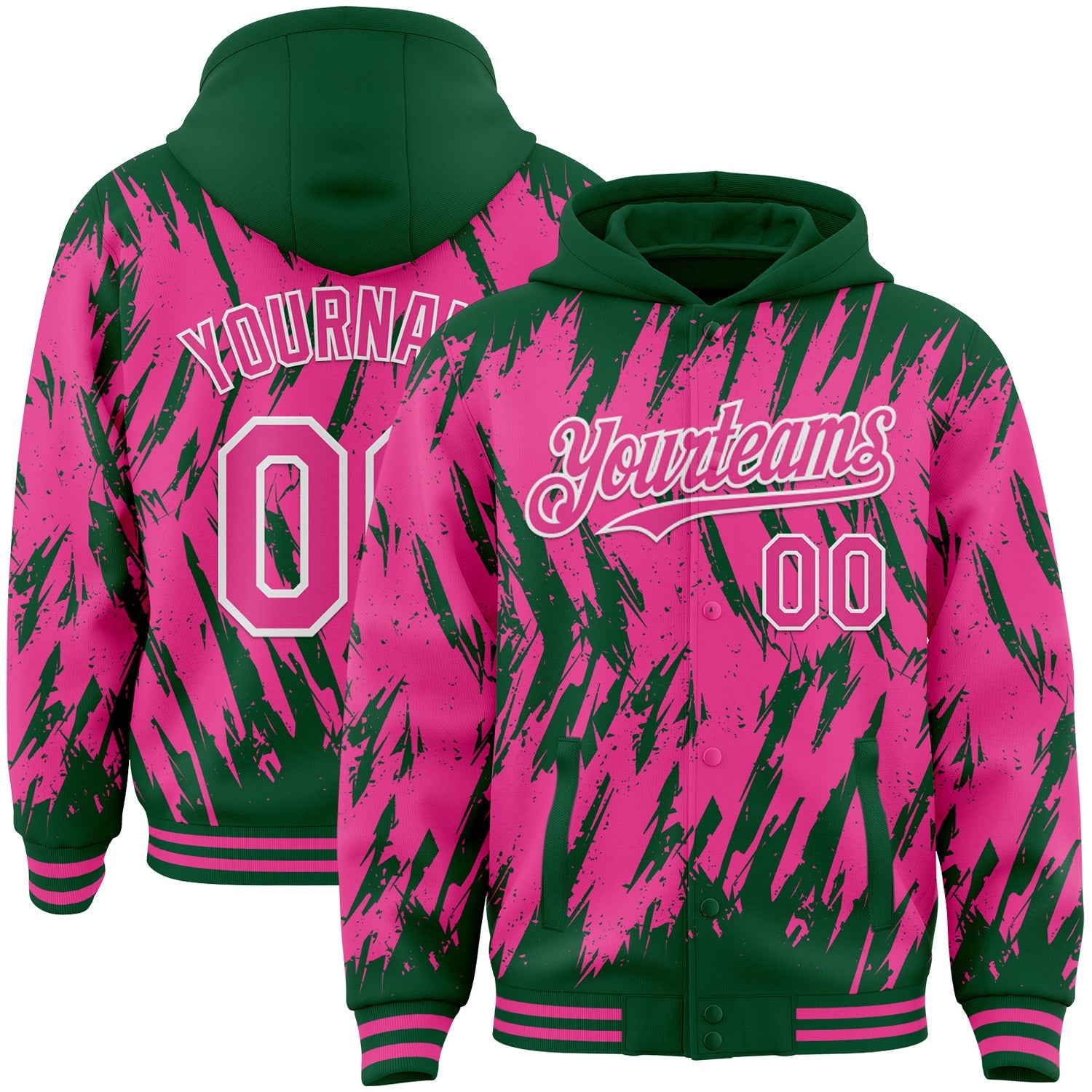 Custom Kelly Green Pink-White Abstract Sharp Shape Fragment 3D Pattern Design Bomber Full-Snap Varsity Letterman Hoodie Jacket