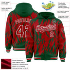 Custom Kelly Green Red-White Abstract Sharp Shape Fragment 3D Pattern Design Bomber Full-Snap Varsity Letterman Hoodie Jacket