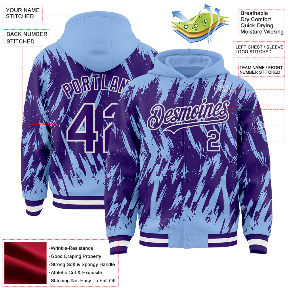 Custom Light Blue Purple-White Abstract Sharp Shape Fragment 3D Pattern Design Bomber Full-Snap Varsity Letterman Hoodie Jacket