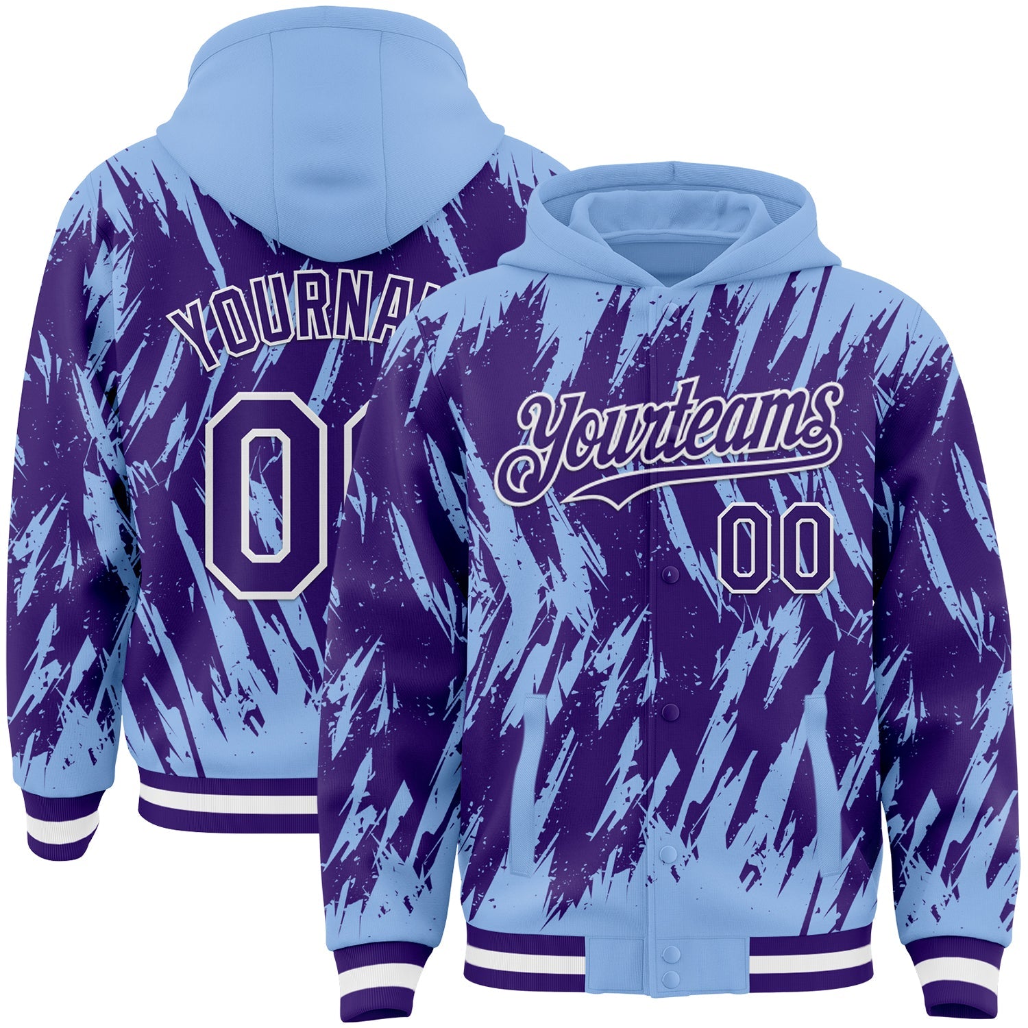 Custom Light Blue Purple-White Abstract Sharp Shape Fragment 3D Pattern Design Bomber Full-Snap Varsity Letterman Hoodie Jacket