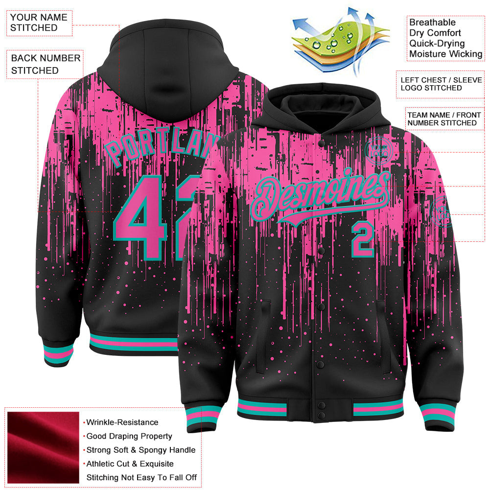 Custom Black Pink-Aqua Dripping Splatter 3D Pattern Design Bomber Full-Snap Varsity Letterman Hoodie Jacket