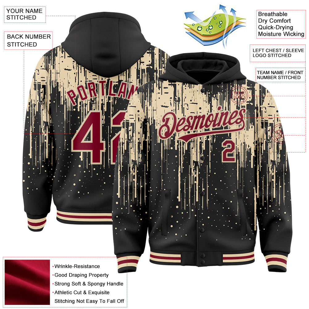 Custom Black Crimson-City Cream Dripping Splatter 3D Pattern Design Bomber Full-Snap Varsity Letterman Hoodie Jacket