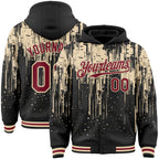 Custom Black Crimson-City Cream Dripping Splatter 3D Pattern Design Bomber Full-Snap Varsity Letterman Hoodie Jacket
