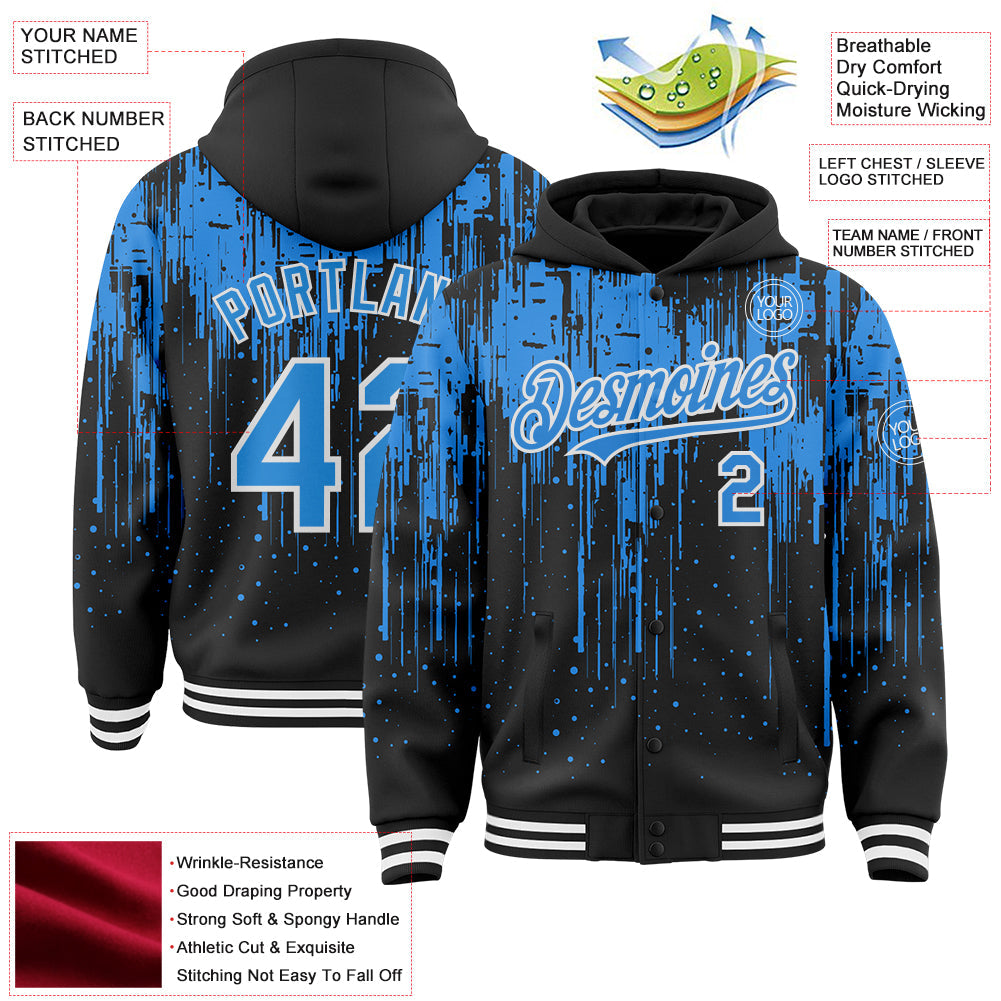 Custom Black Powder Blue-White Dripping Splatter 3D Pattern Design Bomber Full-Snap Varsity Letterman Hoodie Jacket