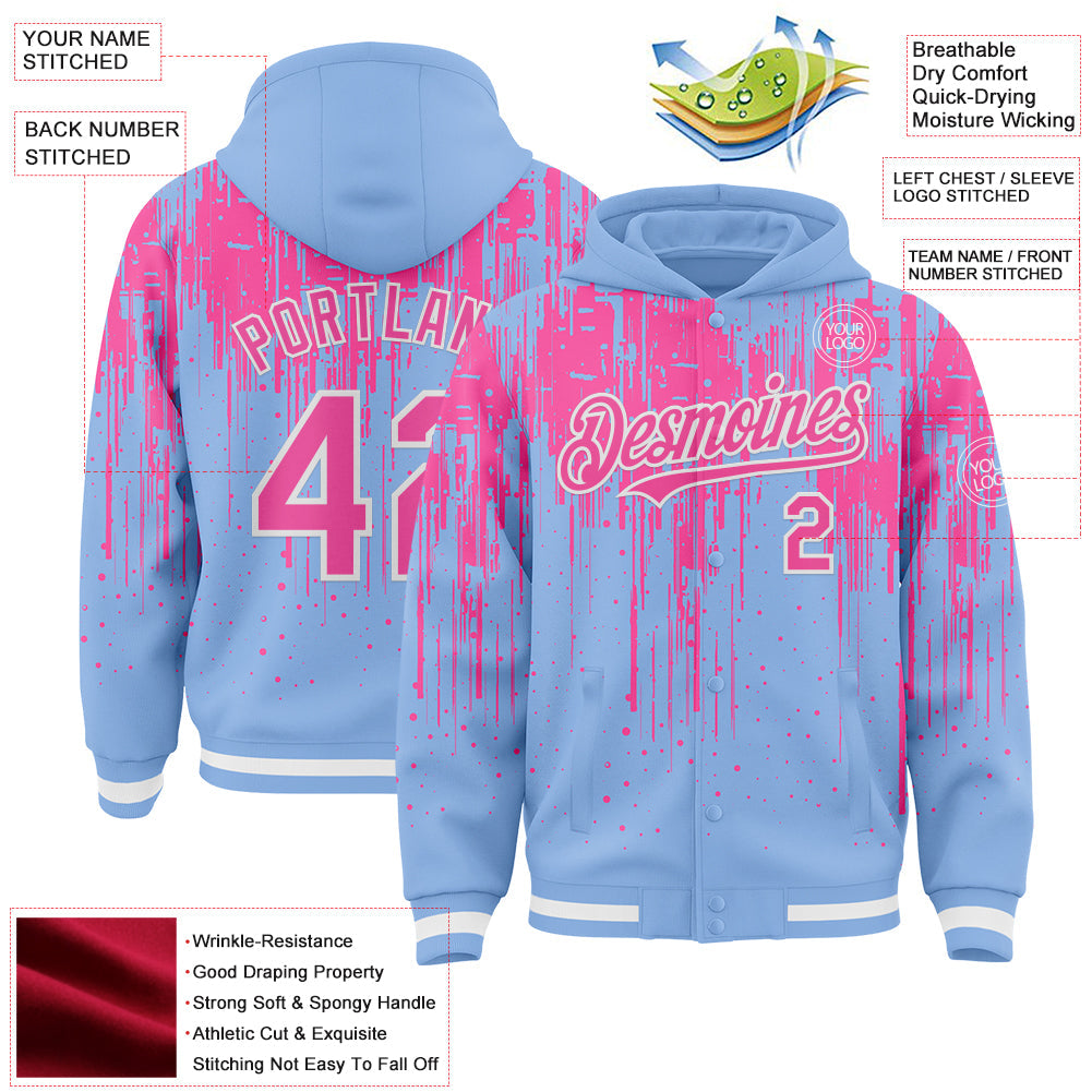 Custom Light Blue Pink-White Dripping Splatter 3D Pattern Design Bomber Full-Snap Varsity Letterman Hoodie Jacket