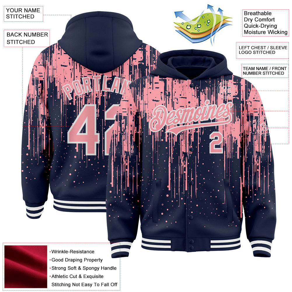 Custom Navy Medium Pink-White Dripping Splatter 3D Pattern Design Bomber Full-Snap Varsity Letterman Hoodie Jacket