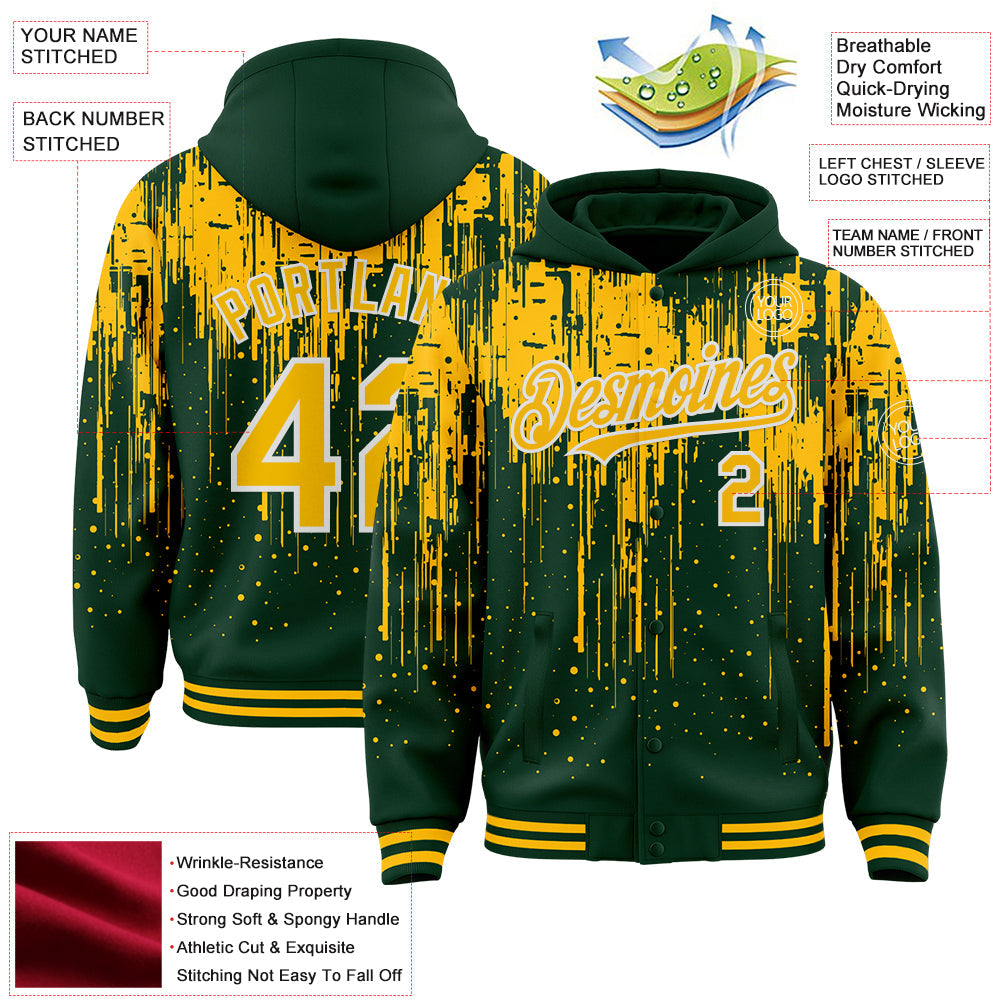 Custom Green Gold-White Dripping Splatter 3D Pattern Design Bomber Full-Snap Varsity Letterman Hoodie Jacket