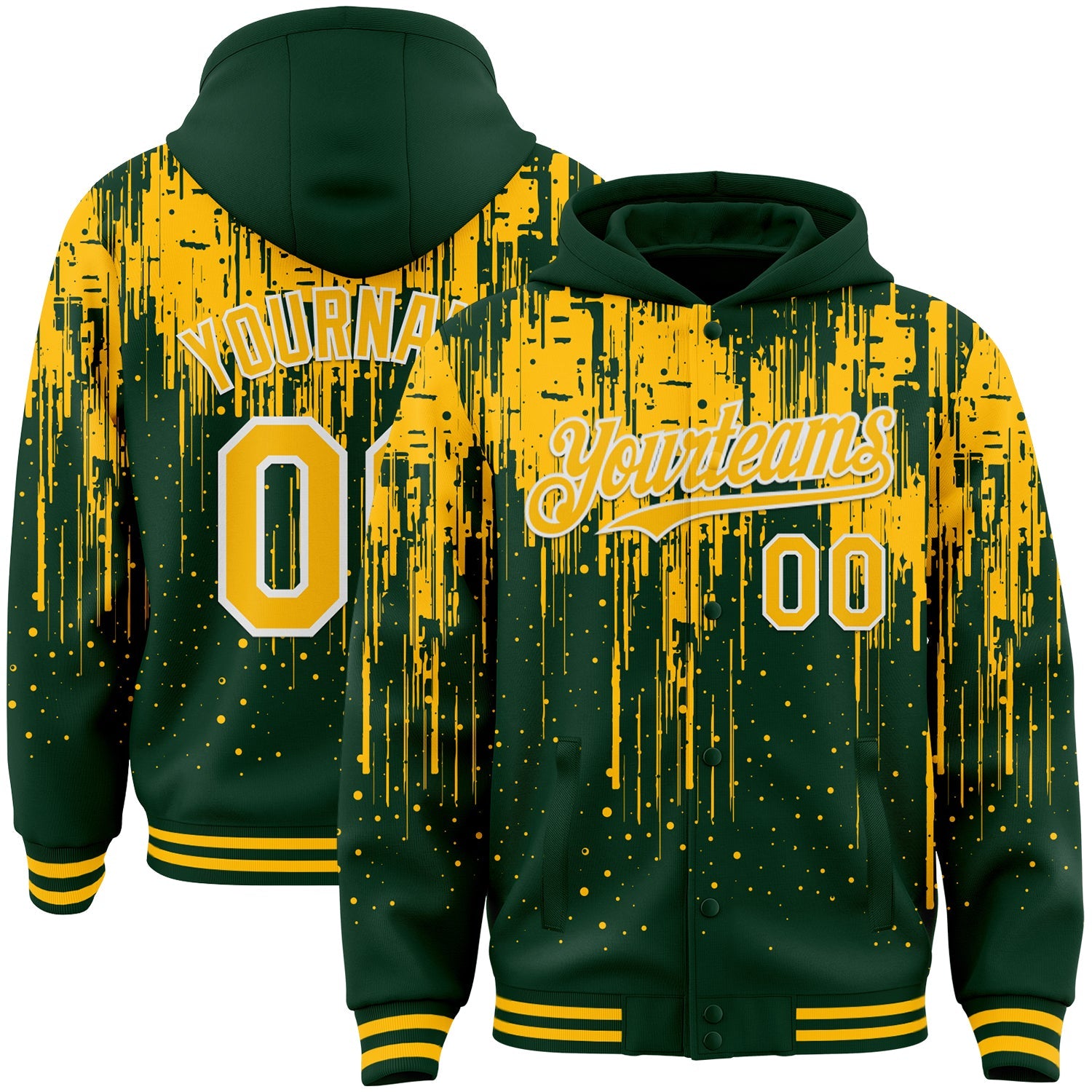 Custom Green Gold-White Dripping Splatter 3D Pattern Design Bomber Full-Snap Varsity Letterman Hoodie Jacket