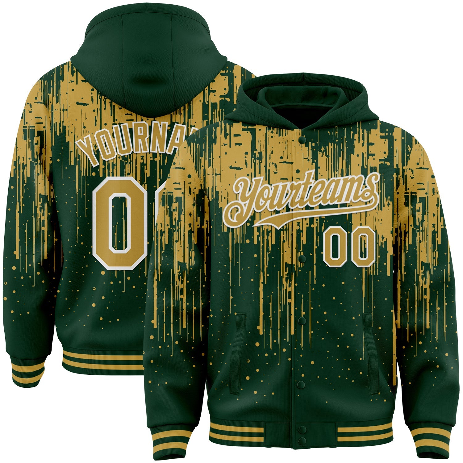 Custom Green Old Gold-White Dripping Splatter 3D Pattern Design Bomber Full-Snap Varsity Letterman Hoodie Jacket