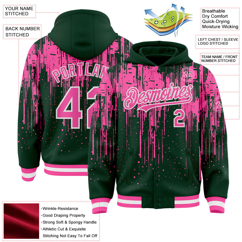 Custom Green Pink-White Dripping Splatter 3D Pattern Design Bomber Full-Snap Varsity Letterman Hoodie Jacket