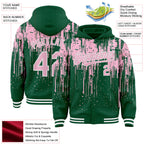 Custom Kelly Green Light Pink-White Dripping Splatter 3D Pattern Design Bomber Full-Snap Varsity Letterman Hoodie Jacket