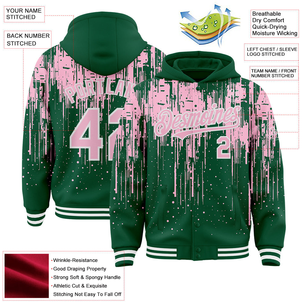 Custom Kelly Green Light Pink-White Dripping Splatter 3D Pattern Design Bomber Full-Snap Varsity Letterman Hoodie Jacket