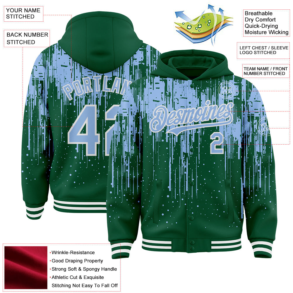 Custom Kelly Green Light Blue-White Dripping Splatter 3D Pattern Design Bomber Full-Snap Varsity Letterman Hoodie Jacket