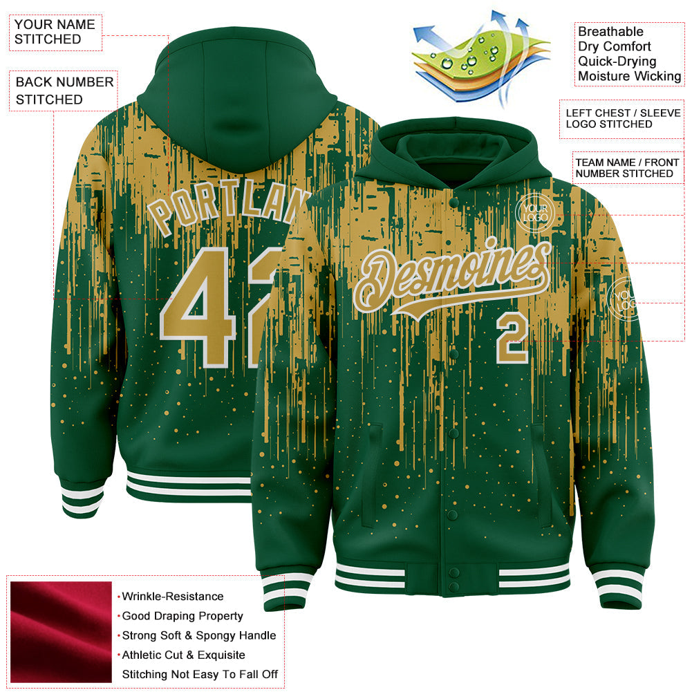 Custom Kelly Green Old Gold-White Dripping Splatter 3D Pattern Design Bomber Full-Snap Varsity Letterman Hoodie Jacket