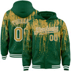 Custom Kelly Green Old Gold-White Dripping Splatter 3D Pattern Design Bomber Full-Snap Varsity Letterman Hoodie Jacket