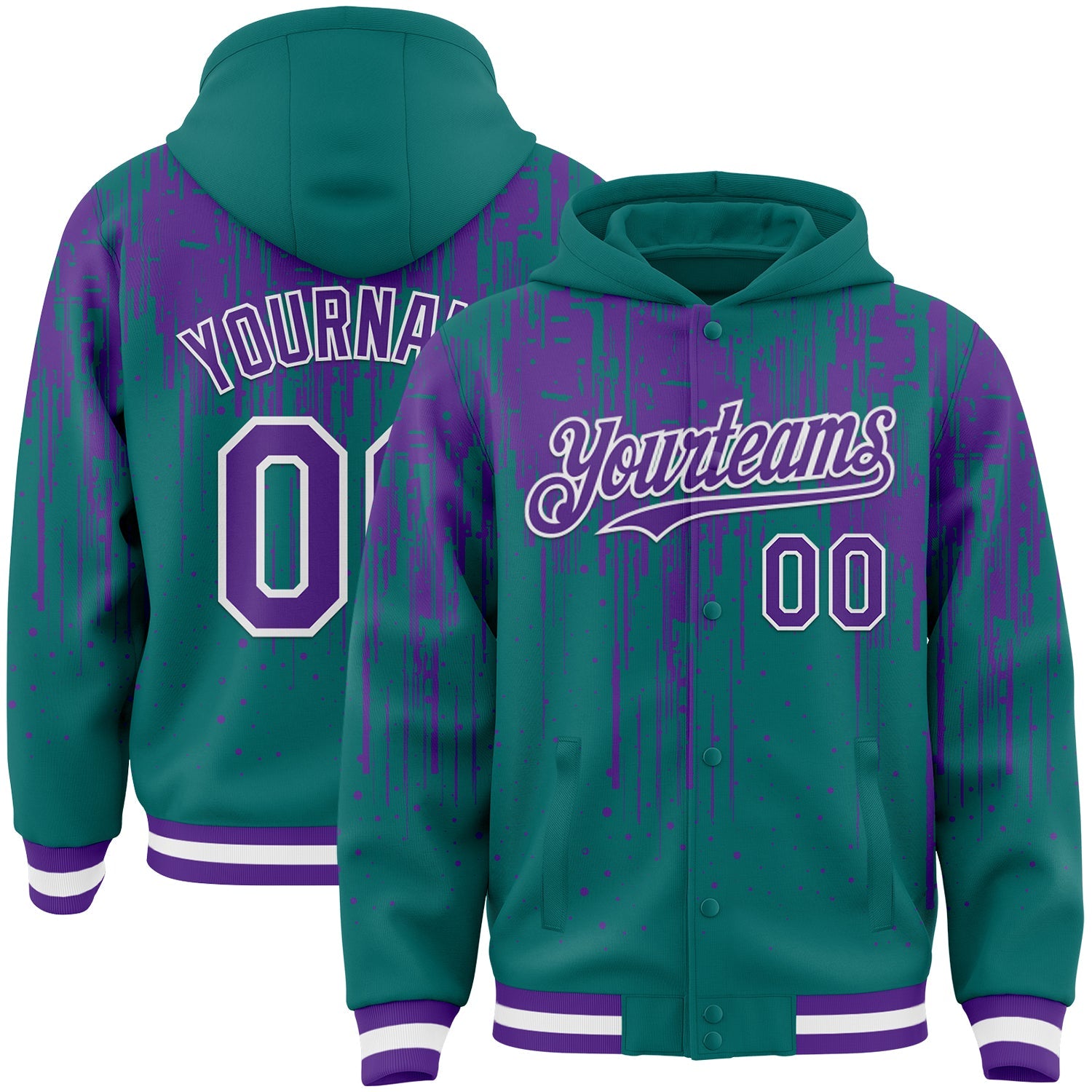 Custom Teal Purple-White Dripping Splatter 3D Pattern Design Bomber Full-Snap Varsity Letterman Hoodie Jacket
