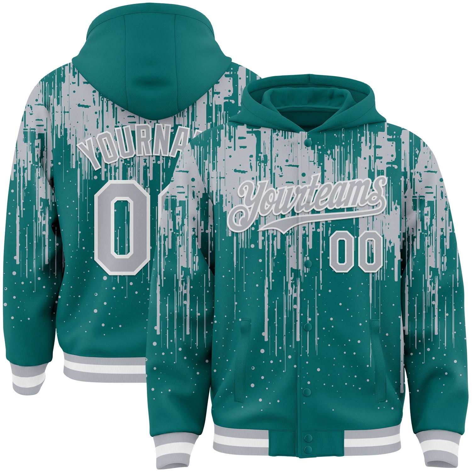 Custom Teal Gray-White Dripping Splatter 3D Pattern Design Bomber Full-Snap Varsity Letterman Hoodie Jacket