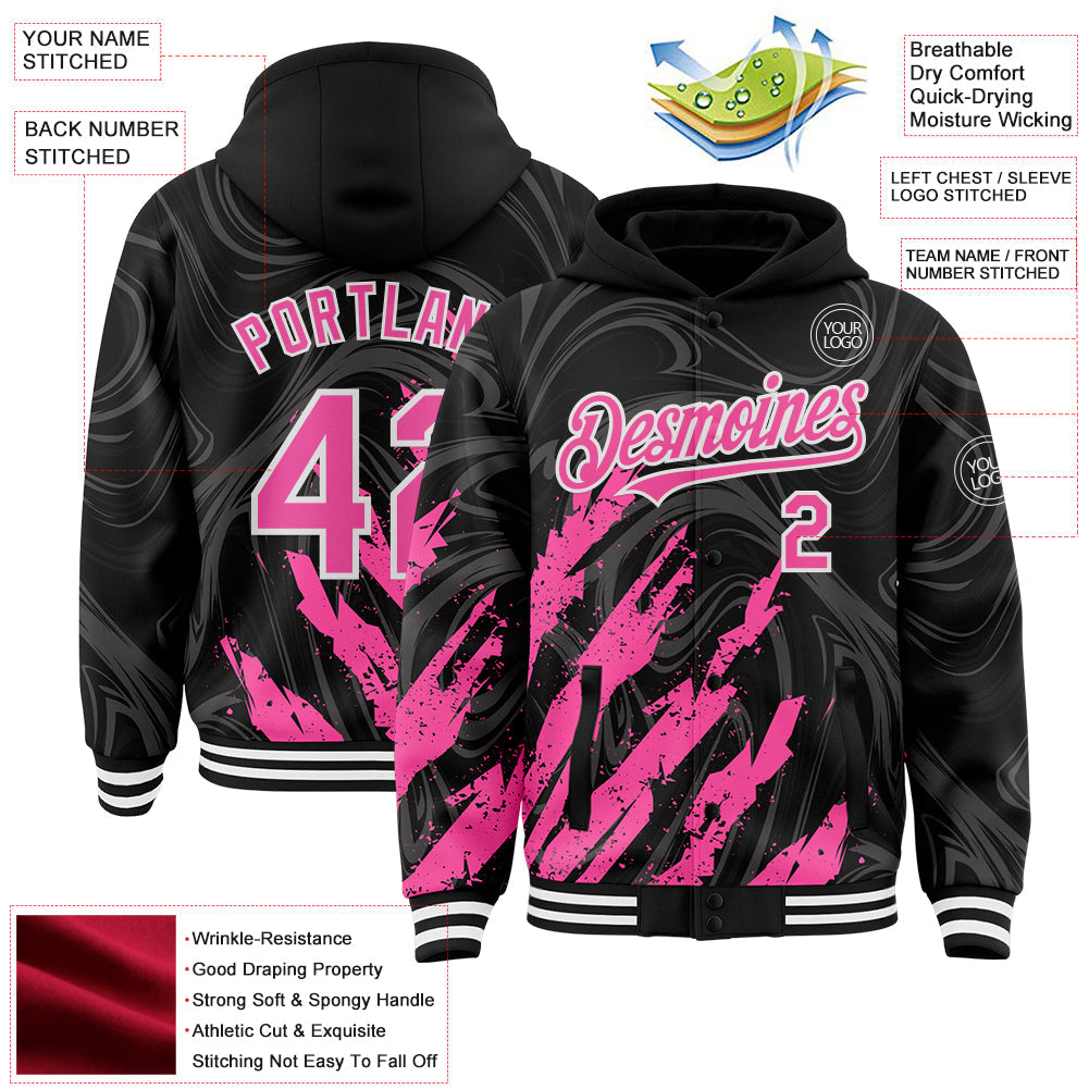 Custom Black Pink-White Splash 3D Pattern Design Bomber Full-Snap Varsity Letterman Hoodie Jacket