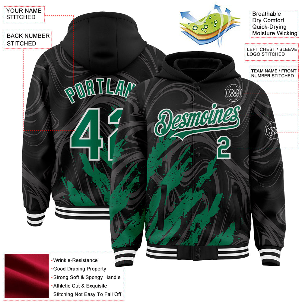 Custom Black Kelly Green-White Splash 3D Pattern Design Bomber Full-Snap Varsity Letterman Hoodie Jacket