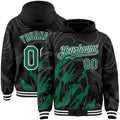 Custom Black Kelly Green-White Splash 3D Pattern Design Bomber Full-Snap Varsity Letterman Hoodie Jacket